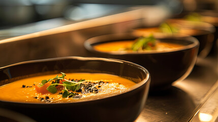 Chef's vegetable cream soup, served with finesse and flair, showcasing culinary expertise and the art of fine dining in a professional kitchen