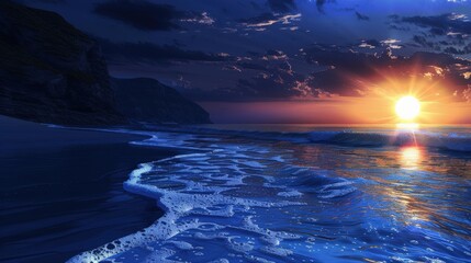 Tranquil sunset casts dark blue hues over the beach, with gentle waves lapping at the shore and clouds reflecting warm colors in the sky