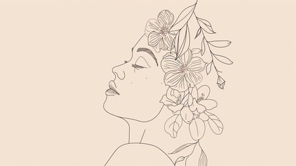 Women face in one line art style with flowers and leaves.Continuous line art in elegant style for prints, tattoos, posters, textile, cards etc. Beautiful woman face Vector illustration