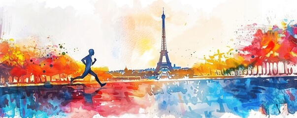 A man is running in front of the Eiffel Tower. The sky is blue and the sun is setting. The painting is of a city scene with a man running in the foreground and the Eiffel Tower in the background