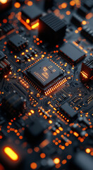 Abstract futuristic background in dark colors. Black abstract microcircuits and processors. AI generative