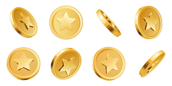 Golden coins 3D. Game gold coin, game chip with star shape turn around. Realistic vector isolated money elements for online gambling games, casino prize and investment concept.
