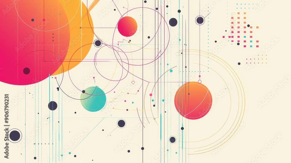 Poster abstract geometric background with colorful circles and lines on a white background.
