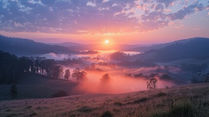 Breathtaking Sunrise Over Misty Mountain Landscape