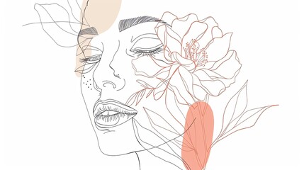 Women face in one line art style with flowers and leaves.Continuous line art in elegant style for prints, tattoos, posters, textile, cards etc. Beautiful woman face Vector illustration