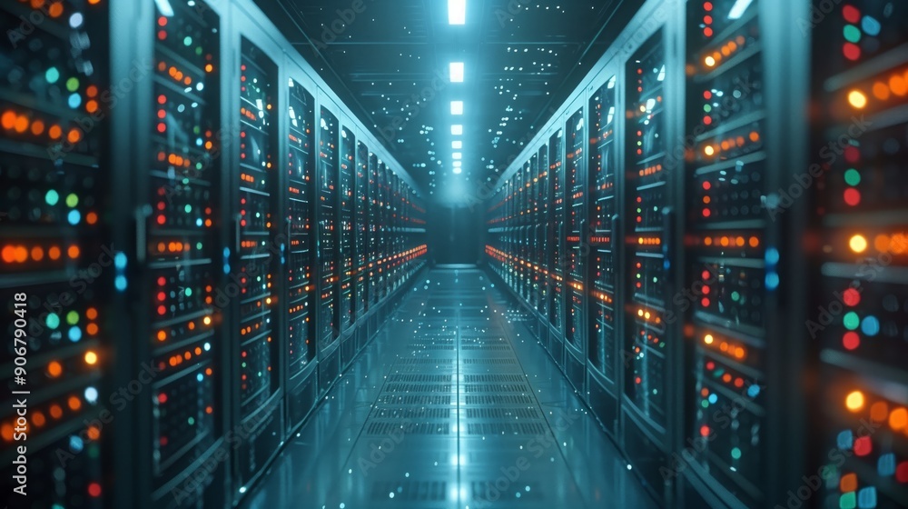 Poster rows of illuminated servers create a vibrant atmosphere in a state-of-the-art data center during eve