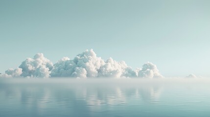 Fototapeta premium A serene landscape with fluffy white clouds reflected in a calm body of water. The sky is a soft blue, creating a peaceful and tranquil scene.