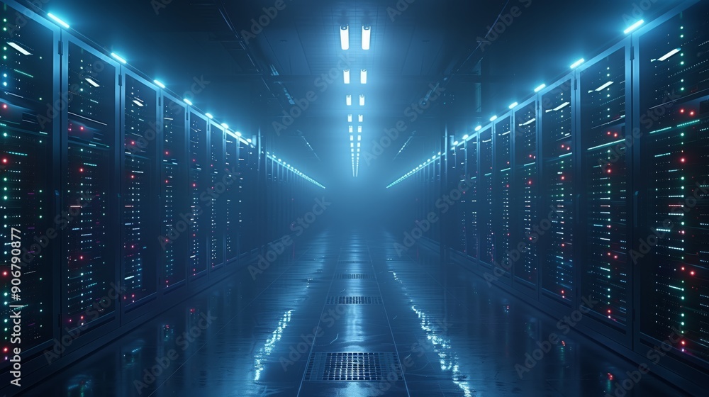 Poster rows of illuminated server racks line a corridor in a data center, creating a futuristic atmosphere 
