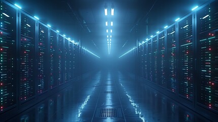 Rows of illuminated server racks line a corridor in a data center, creating a futuristic atmosphere with vibrant blue lights.