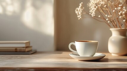 Fototapeta premium A cozy scene with a coffee cup, books, and dried flowers on a wooden table.