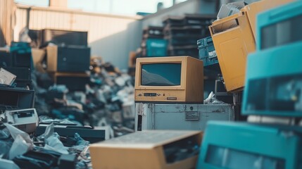 Electronic waste awaiting recycling at a collection center, emphasizing sustainability efforts.
