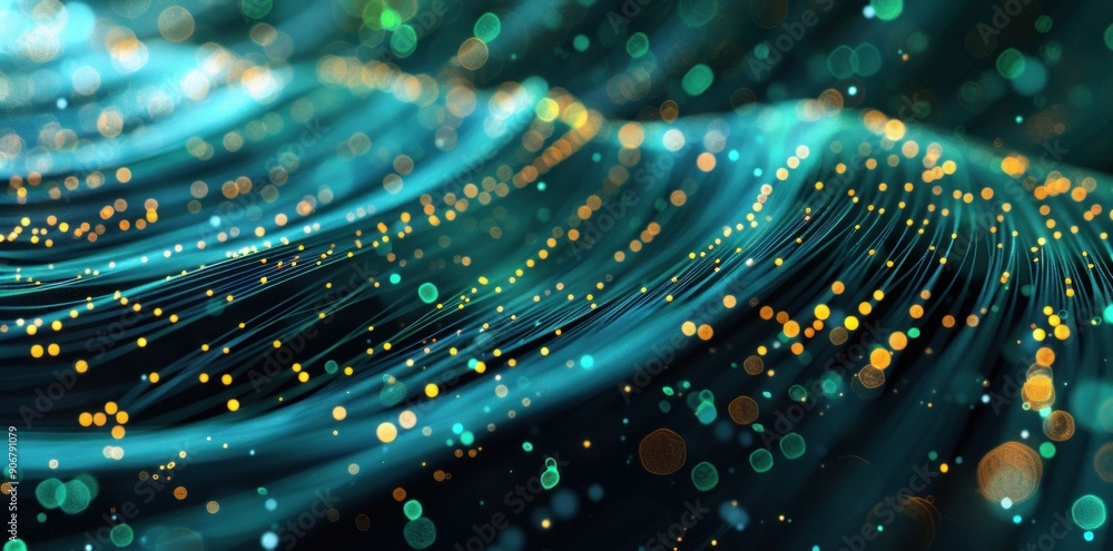Poster abstract wave pattern with glowing particles in blue and teal shades on a dark background