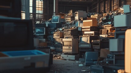 Electronic waste piled up at a collection center, ready for recycling in a circular economy.