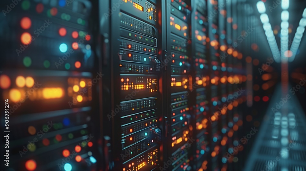 Poster a data center showcases rows of illuminated servers with colorful led lights, creating a vibrant env