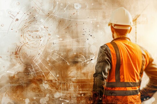 A powerful image of a construction worker in full gear, positioned against a backdrop of overlapping gears and tools. The half-finished structure behind them signifies the company's journey 
