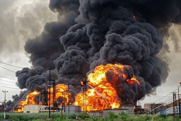 Massive fire and explosion at oil refinery with black smoke