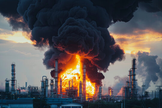 Massive fire and explosion at oil refinery with black smoke