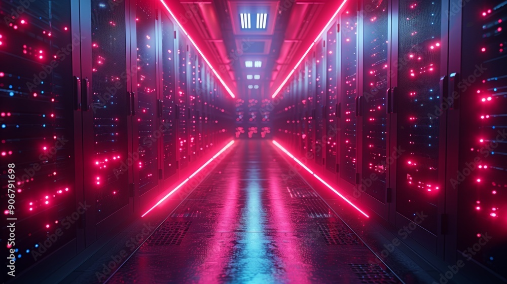 Poster neon lights create a captivating atmosphere in a dark server room corridor lined with servers.