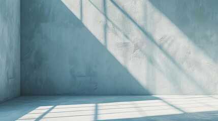 Minimal light blue background with window shadows on plaster wall