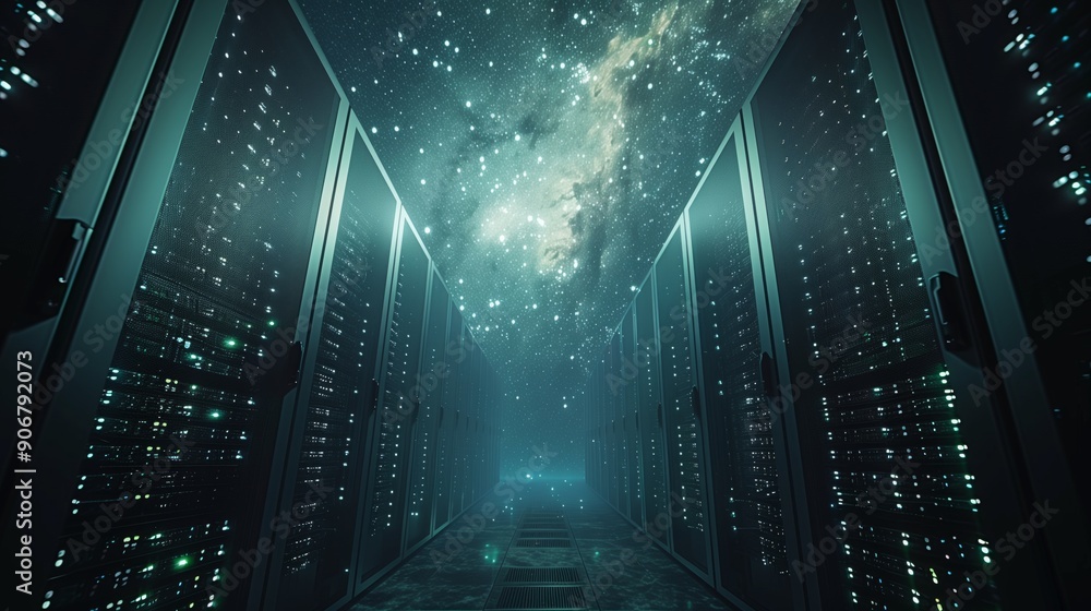 Poster a modern server room features towering racks of data storage, illuminated under a cosmic sky simulat
