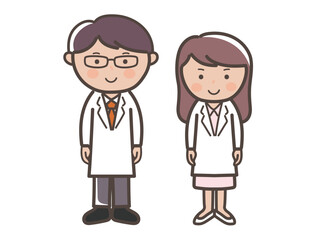 笑顔で正面を向く男女医師（看護師）の全身イラスト