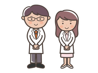 接客ポーズで出迎える男女医師（看護師）の全身イラスト