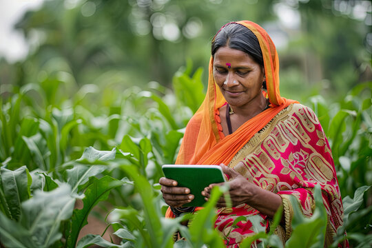 Indian woman farmer using tablet in agricultural fields