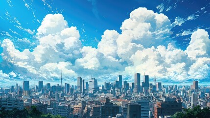 Obraz premium Expansive sky with fluffy clouds over a cityscape, captured in vibrant anime style with dynamic lighting