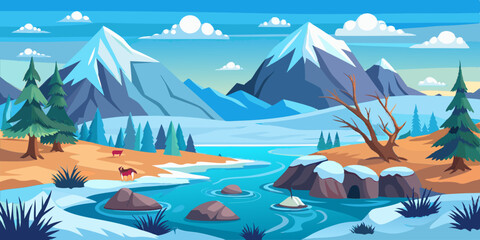 tundra scene, vector illustration, arctic landscape, minimalist design, snow-covered terrain, frozen wilderness, icy plains, cold environment, sparse vegetation, low shrubs, permafrost, snowdrifts, fl