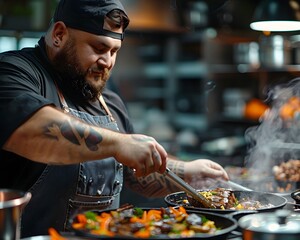 Talented Plus Size Chef Prepares Gourmet Meal in Professional Kitchen