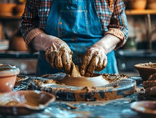 Overweight Person Taking Pottery Class  Hands Shaping Clay with Focused and Calm Expression