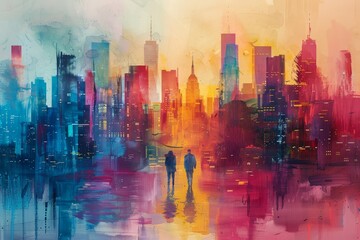 Abstract Cityscape with Two Figures