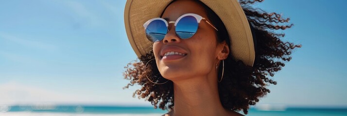 Biracial woman in casual summer outfit enjoys a sunny beach day without any modifications Ideal attire for a laid back day by the ocean
