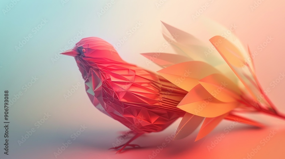 Poster abstract geometric bird with colorful plumage on a soft gradient background.