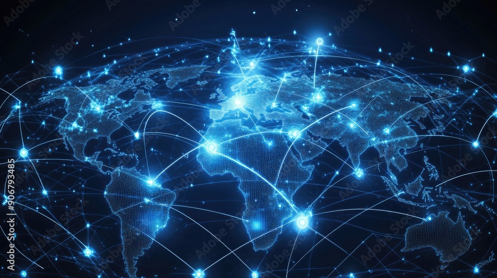 Poster global networking concept with a world map, highlighting connections through computers and digital d