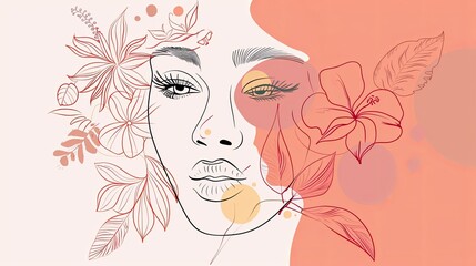 Women face in one line art style with flowers and leaves.Continuous line art in elegant style for prints, tattoos, posters, textile, cards etc. Beautiful woman face Vector illustration