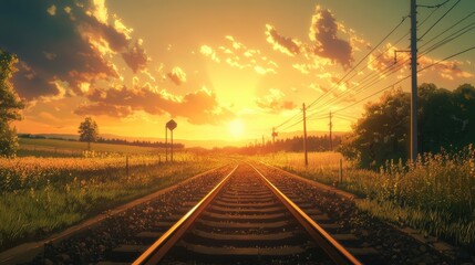 Obraz premium Golden hour countryside scene in anime style, featuring a railroad and soft, warm light.