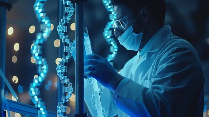 Scientist analyzing data in a laboratory, surrounded by glowing genetic structures and advanced technology, showcasing innovation.