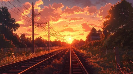Naklejka premium Illustration of a countryside railroad at golden hour, with an anime aesthetic and warm, soft lighting