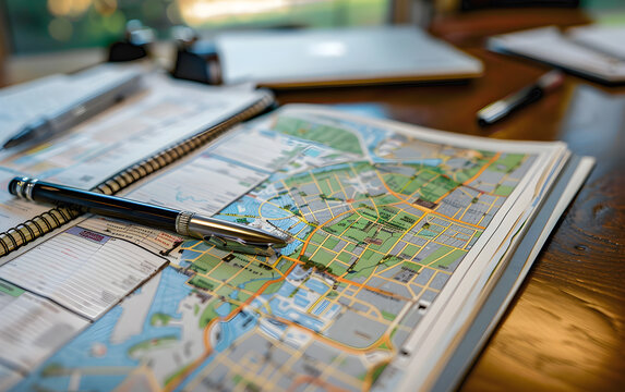 A map of a city is open on a table with a pen on top of it - Powered by Adobe
