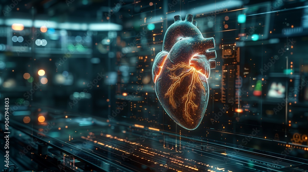 Poster a modern lab showcases an interactive heart simulation technology used for medical research, highlig