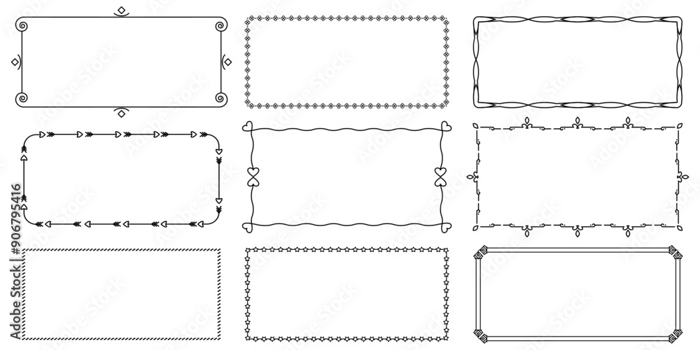 Poster decorative simple line frames. simple line borders with geometric shapes and curls. frame blank temp