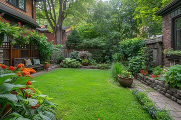 Manicured backyard garden with green grass, flowers, and trees, Montreal home with wooden fence and seating area, small bench with potted plants and flower beds, lush foliage, vibrant colors