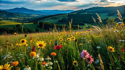 Fototapeta premium Vibrant wildflowers bloom in a meadow with distant rolling hills.