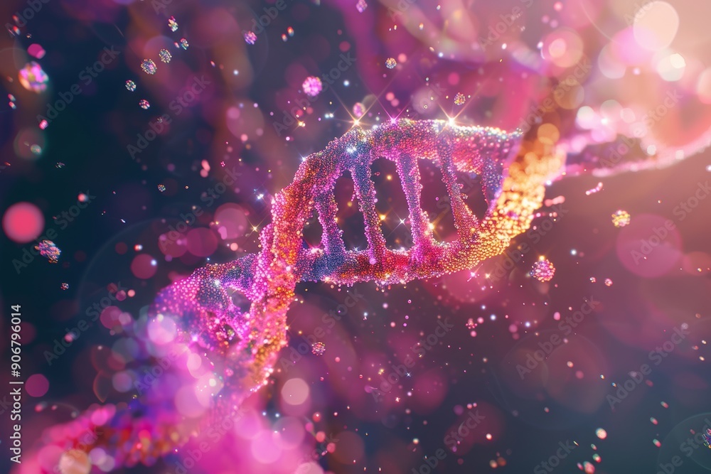 Poster vivid 3d rendering of dna double helix structure with scattered particles in colorful display