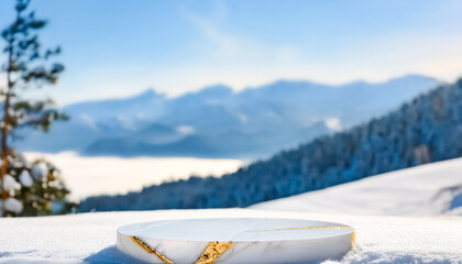 White Marble Podium on Snowy Mountain Landscape