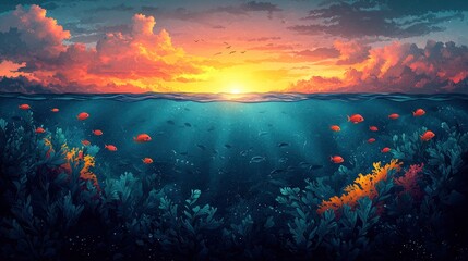 Fototapeta premium Underwater Sunset with Coral Reef and Fish