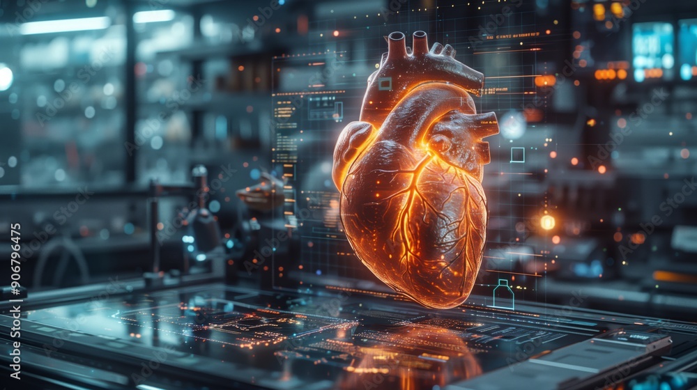 Poster a laboratory showcases a glowing interactive heart model, surrounded by digital data displays and ad