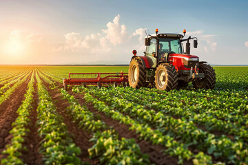 Red tractor plowing a vast green field