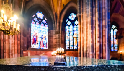 Obraz premium Stone Altar In A Church With Stained Glass Windows